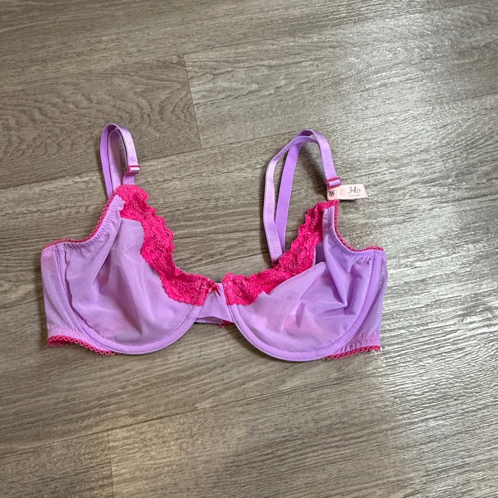 Victorias Secret Unlined Demi Bra 34D Purple Pink Mesh Lace Underwire 231719-QJF